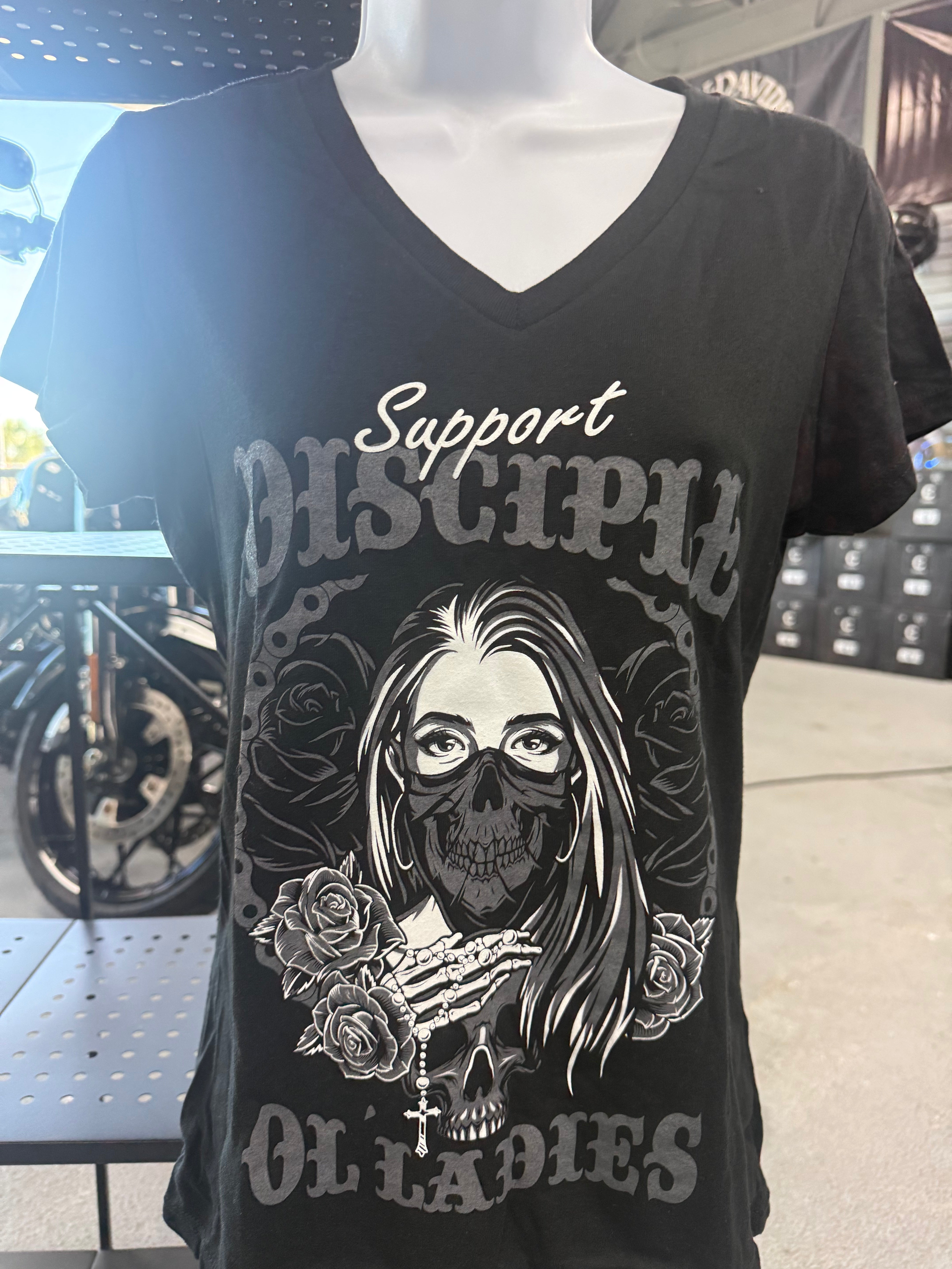 Ladies Support DCMC Ol Ladies Tee with Woman holding Rosary and Roses